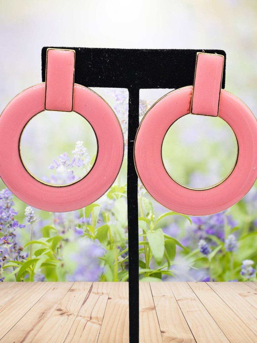 Sugarfix Pink Enamel Open Circle Statement Earrings Gold Tone Geometric Retro